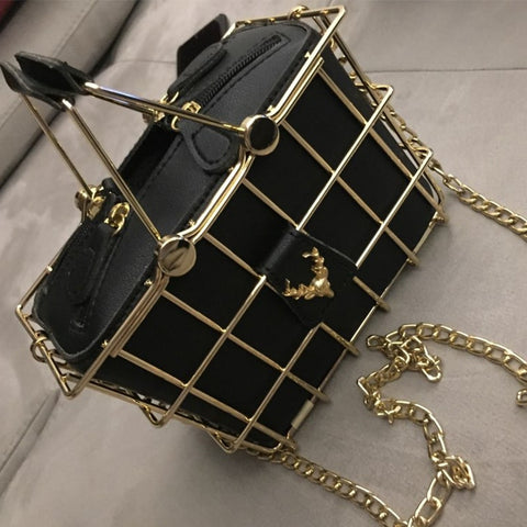 Fashion Designer Women Handbags New High-Quality PU Leather Women Bag Iron Basket Square Bag Chain Shoulder Messenger Bag(Blac